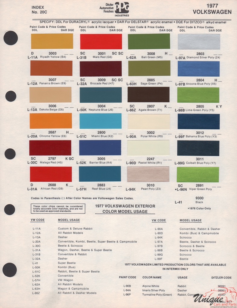 1977 Volkswagen Paint Charts PPG 1